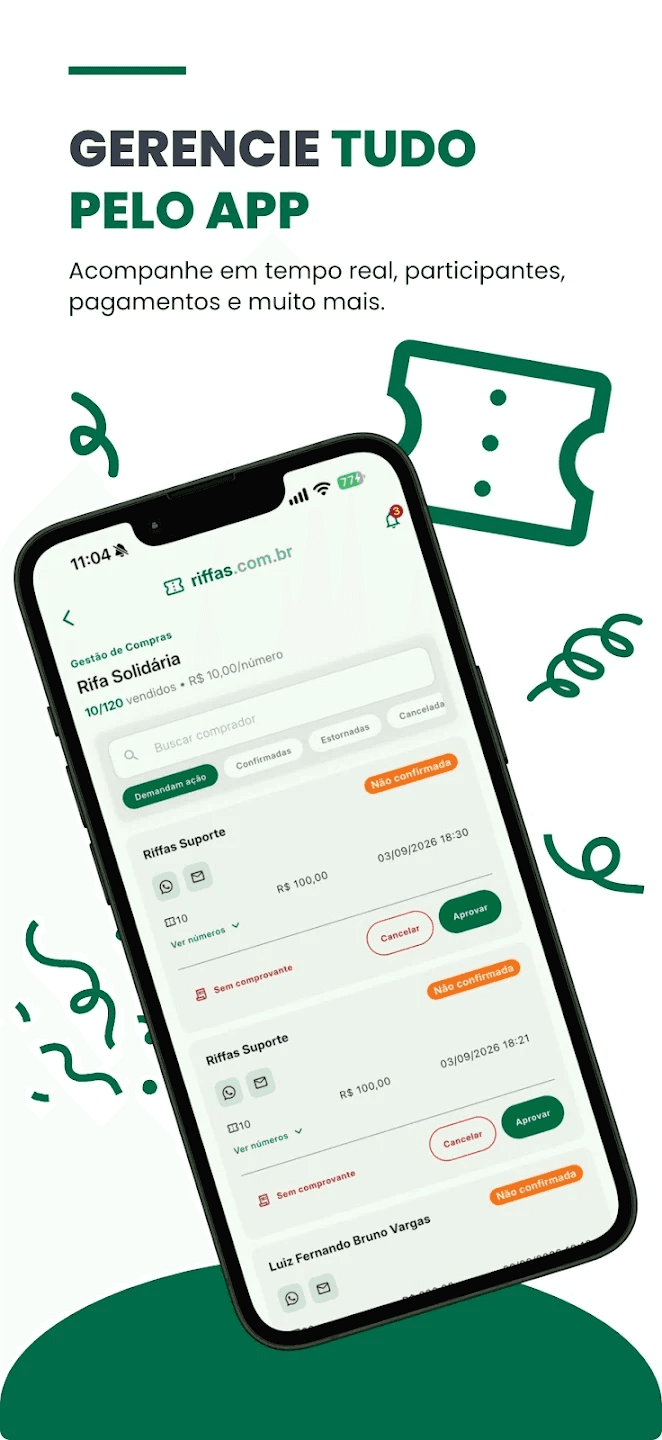Tela do App do Riffas com a gestão de compras de uma rifa: pedidos não confirmados com botões Aprovar e Cancelar